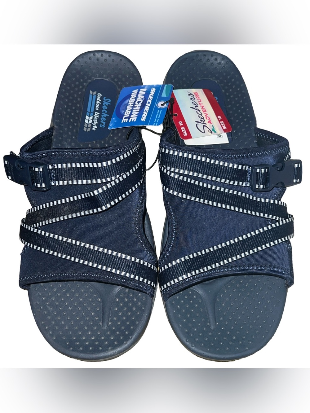 NWT Skechers Reggae Slide Thru Sandals Navy Blue Size 10